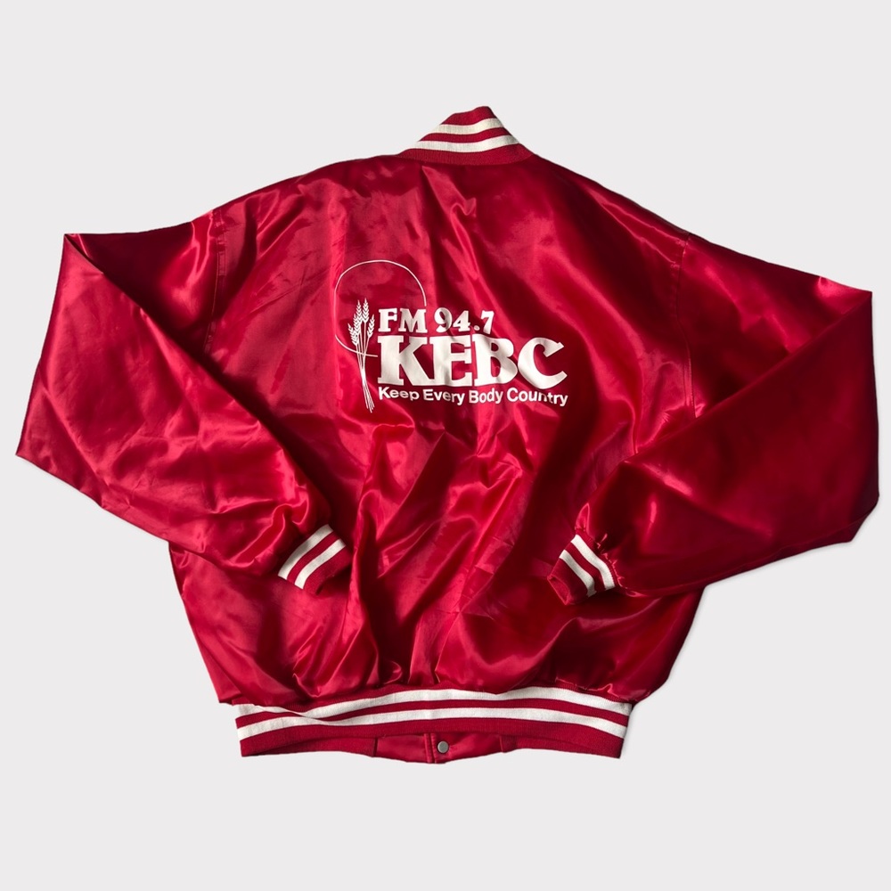VTG 90s KEBC 94.7 Country Radio Keep Every Body Country Satin Bomber Jacket L
